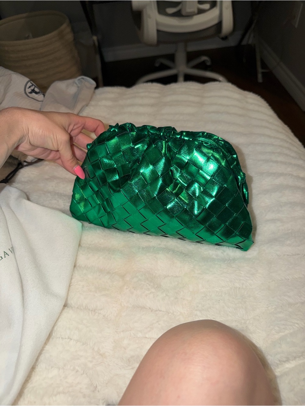 Green Woven Satin Pouch Clutch